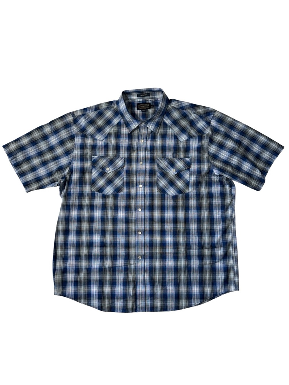 Pendleton mens 2XL XXL blue plaid pearl snap short sleeve button up shirt EUC